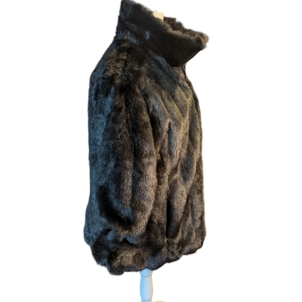 Vtg Faux Mink Fur Jacket Atelier reversible plush black Old Money warm zip sz S - Picture 2 of 11